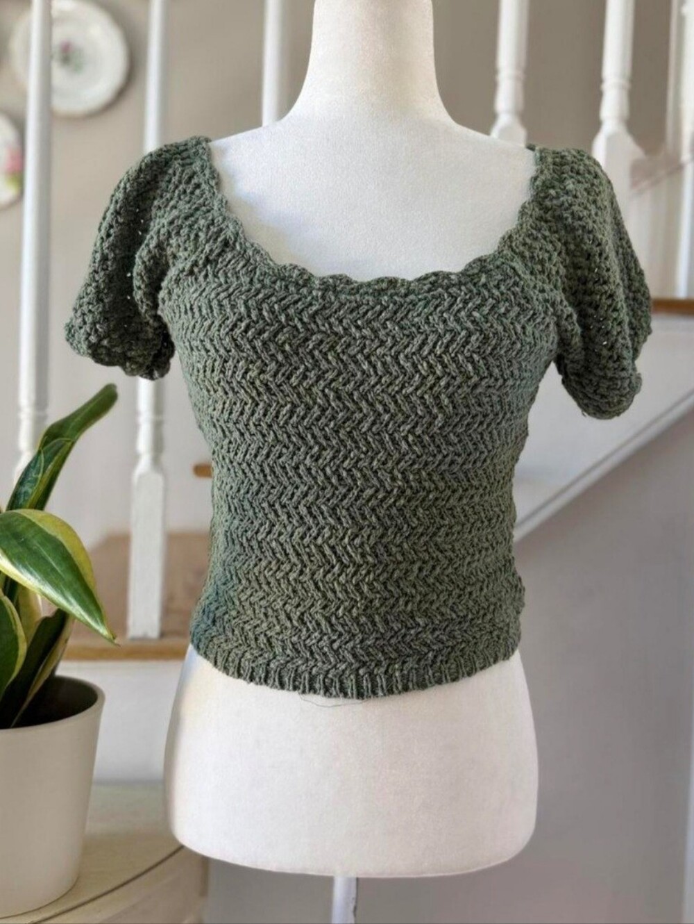 Hem & Thread Olive Green Crocheted Scoop Neck Crop Top